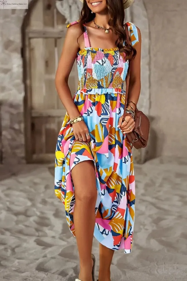 Tropical Midi Dress Tie shoulder