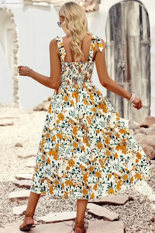 Tropical Midi Dress Tie shoulder