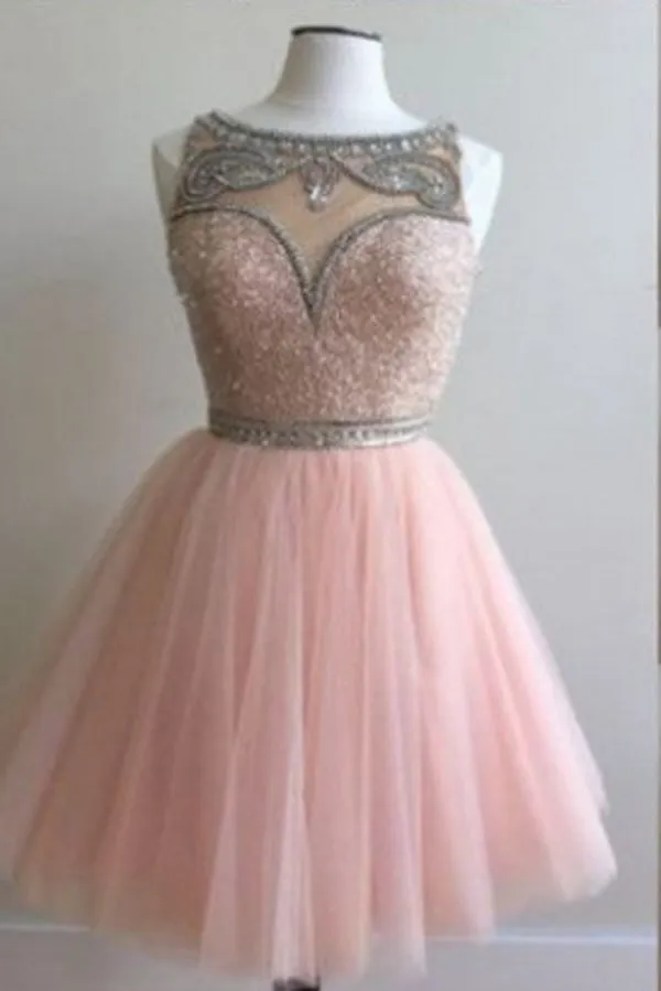 Tulle Sheer Beading Short Homecoming Dresses