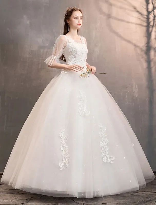 Tulle Wedding Dress Ivory Lace Applique Flower Detail Half Sleeve Princess Bridal Gown