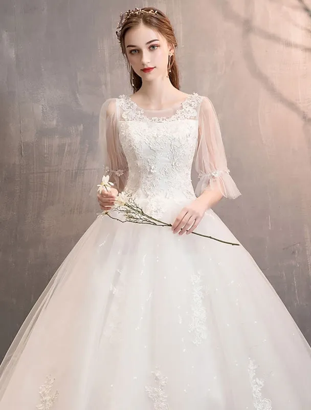 Tulle Wedding Dress Ivory Lace Applique Flower Detail Half Sleeve Princess Bridal Gown