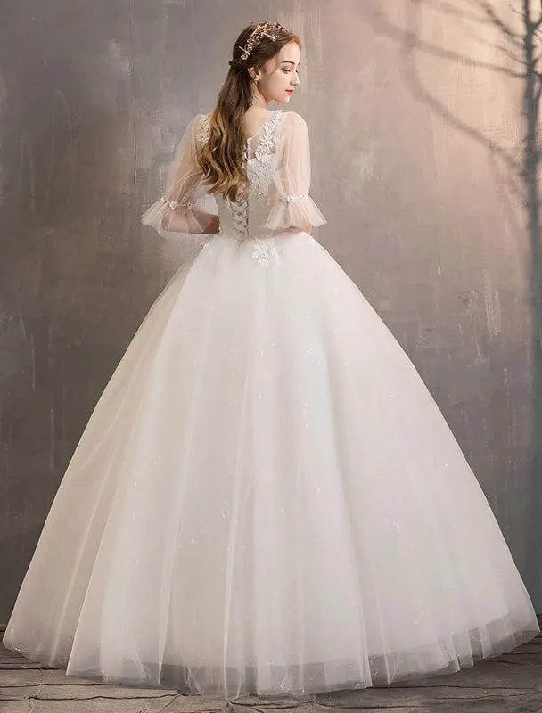 Tulle Wedding Dress Ivory Lace Applique Flower Detail Half Sleeve Princess Bridal Gown