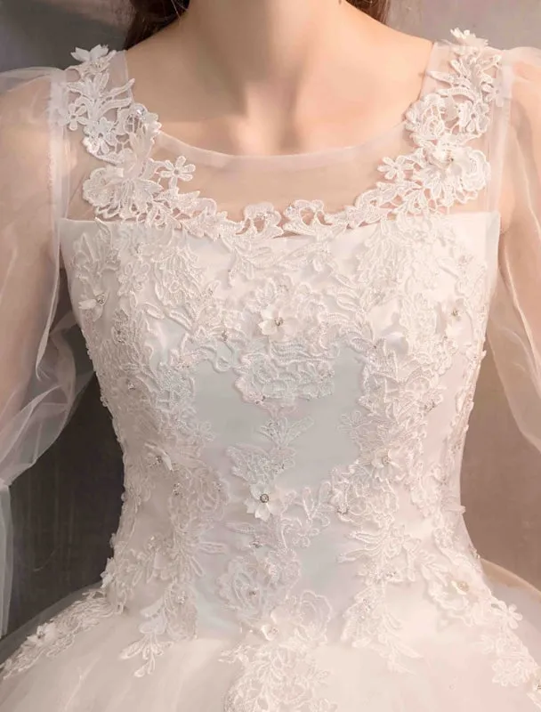 Tulle Wedding Dress Ivory Lace Applique Flower Detail Half Sleeve Princess Bridal Gown