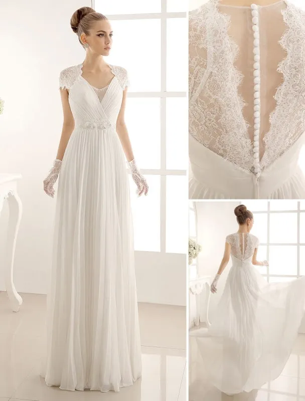 V-Neck Wedding Dress With Lace In Floor Length Exclusive