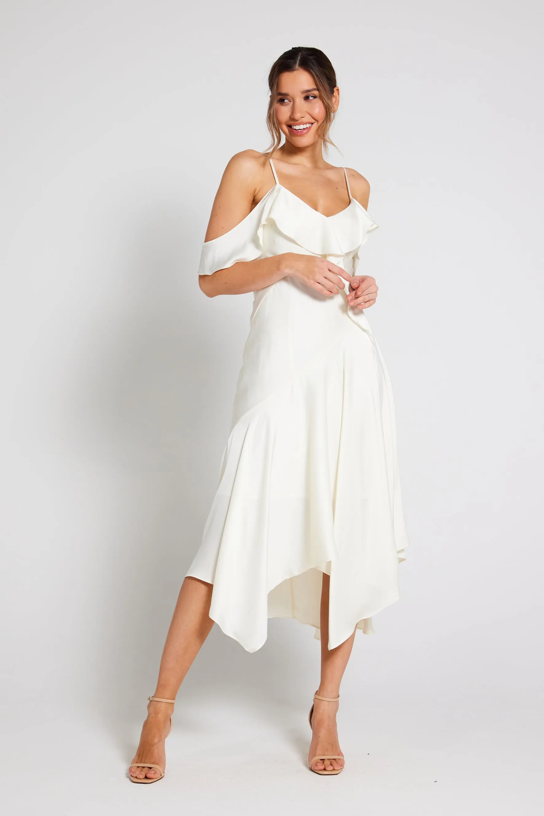 Vienna Frill Cold Shoulder Satin Midi Dress - Ivory