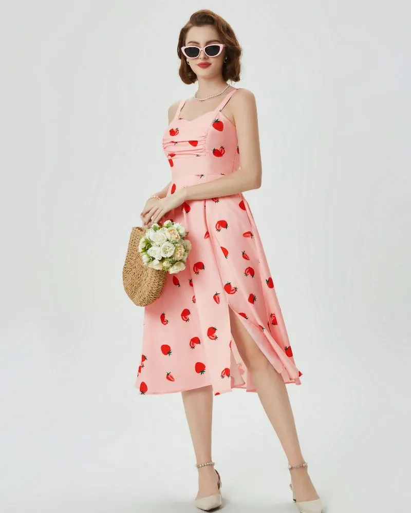 Vintage Cocktail Dress Sleeveless Spaghetti Strap Ruched Slit A Line Swing Dress with Pockets