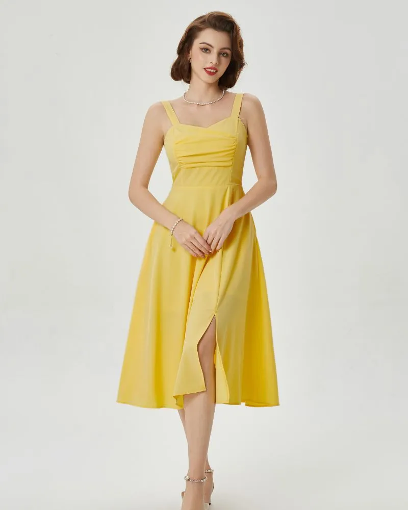 Vintage Cocktail Dress Sleeveless Spaghetti Strap Ruched Slit A Line Swing Dress with Pockets