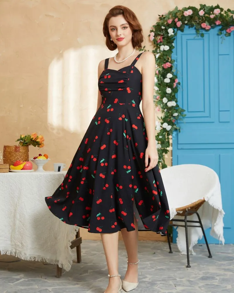 Vintage Cocktail Dress Sleeveless Spaghetti Strap Ruched Slit A Line Swing Dress with Pockets