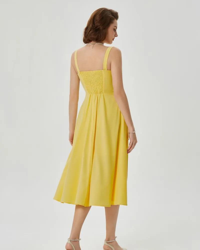 Vintage Cocktail Dress Sleeveless Spaghetti Strap Ruched Slit A Line Swing Dress with Pockets