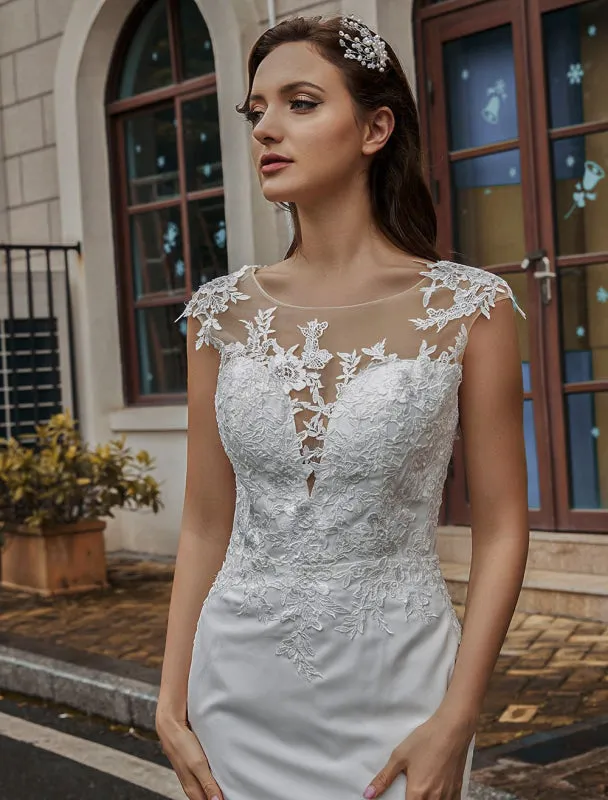 Wedding Bridal Gowns Jewel Neck Sleeveless Natural Waist Buttons With Train Bridal Dresses