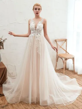 Wedding Dress 2021 V Neck Sleeveless A Line Tulle Bridal Gowns With Train