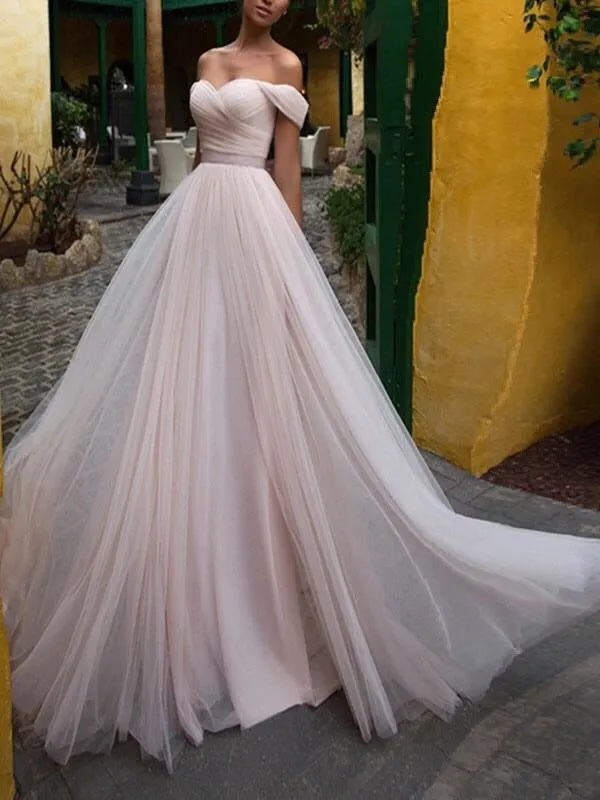 Wedding Dresses 2021 A Line Off The Shoulder Short Sleeves Sash Sweetheart Neck Bridal Dresses