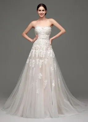 Wedding Dresses Champagne Tulle Strapless Sweatheart Lace Sash Bridal Gown