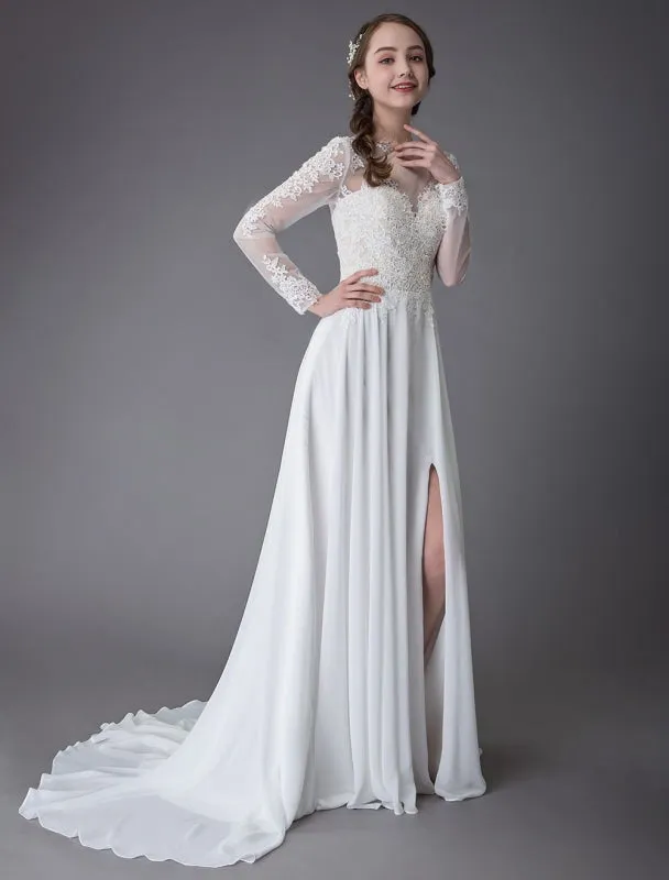 Wedding Dresses Long Sleeve Lace Chiffon Sexy High Split Illusion Summer Bridal Gowns Exclusive