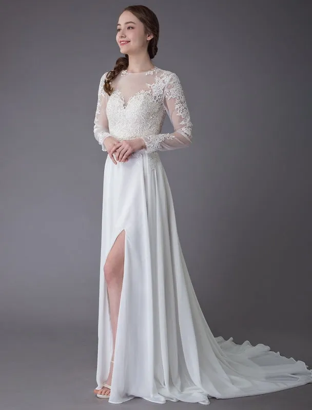 Wedding Dresses Long Sleeve Lace Chiffon Sexy High Split Illusion Summer Bridal Gowns Exclusive