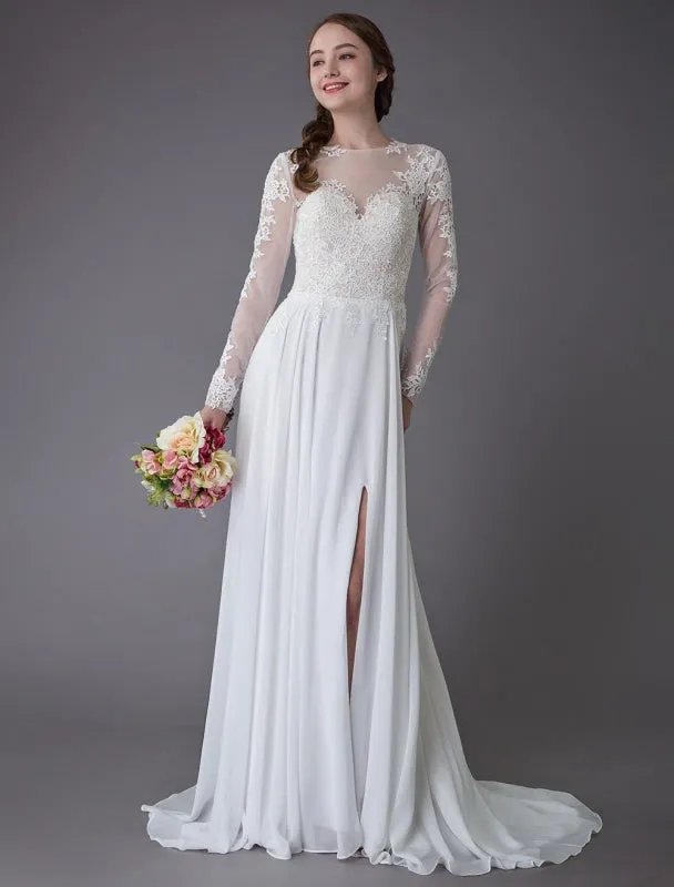 Wedding Dresses Long Sleeve Lace Chiffon Sexy High Split Illusion Summer Bridal Gowns Exclusive