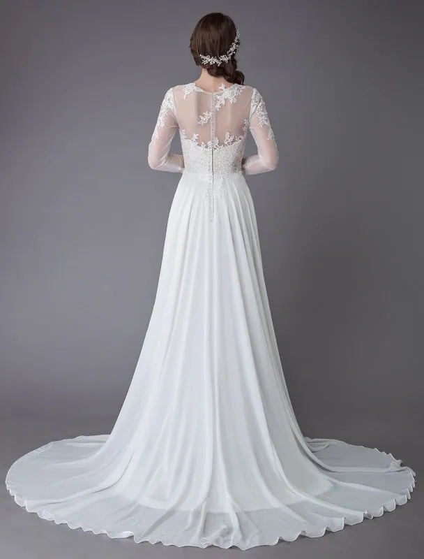 Wedding Dresses Long Sleeve Lace Chiffon Sexy High Split Illusion Summer Bridal Gowns Exclusive