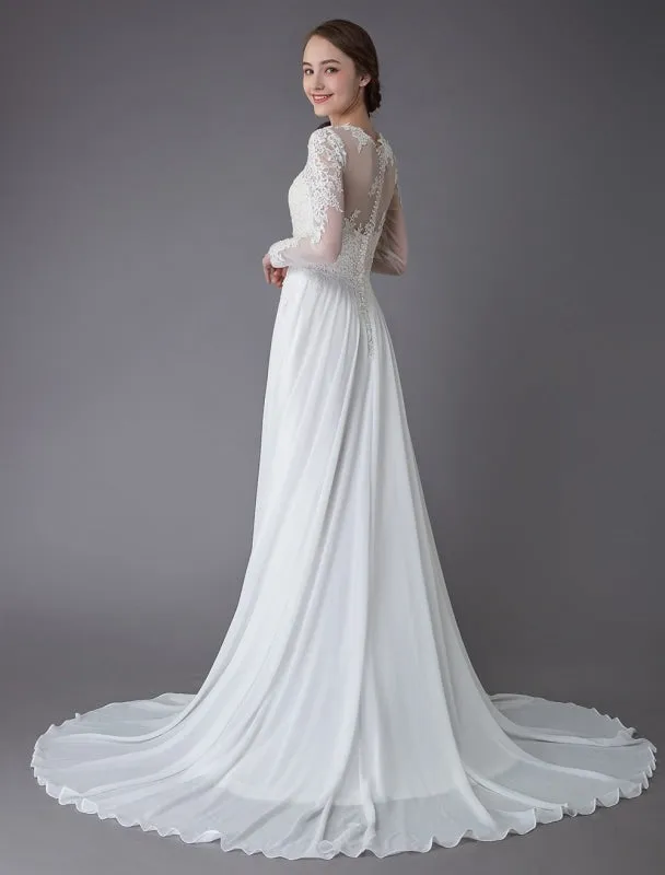 Wedding Dresses Long Sleeve Lace Chiffon Sexy High Split Illusion Summer Bridal Gowns Exclusive