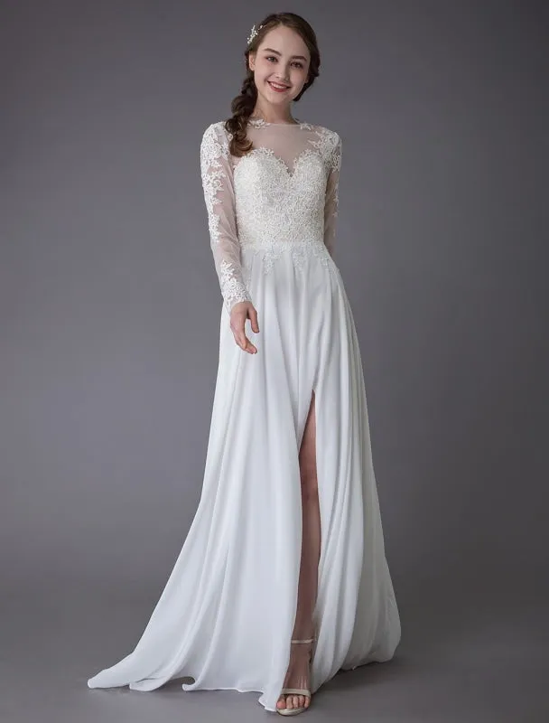 Wedding Dresses Long Sleeve Lace Chiffon Sexy High Split Illusion Summer Bridal Gowns Exclusive