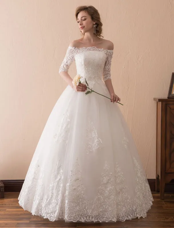 Wedding Dresses Princess Lace Off The Shoulder Bridal Gown Half Sleeve Floor Length Bridal Dress