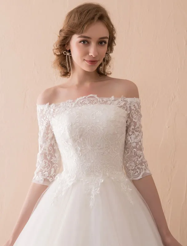 Wedding Dresses Princess Lace Off The Shoulder Bridal Gown Half Sleeve Floor Length Bridal Dress