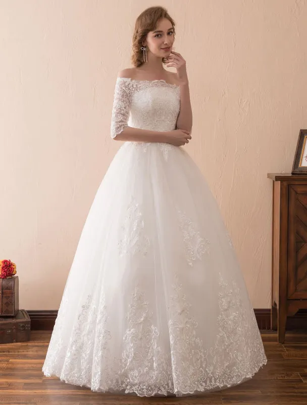 Wedding Dresses Princess Lace Off The Shoulder Bridal Gown Half Sleeve Floor Length Bridal Dress