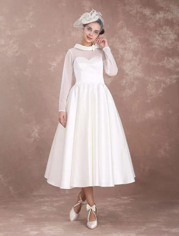 Wedding Dresses Short 1950'S Vintage Bridal Dress Long Sleeve Sweetheart Neckline Satin Ivory Rockabilly Wedding Dress Exclusive