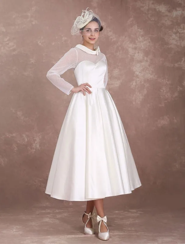 Wedding Dresses Short 1950'S Vintage Bridal Dress Long Sleeve Sweetheart Neckline Satin Ivory Rockabilly Wedding Dress Exclusive