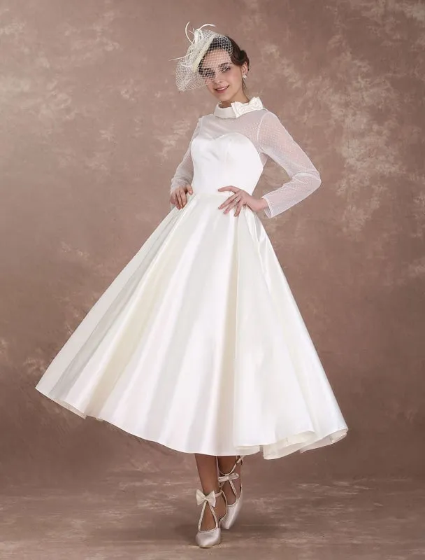 Wedding Dresses Short 1950'S Vintage Bridal Dress Long Sleeve Sweetheart Neckline Satin Ivory Rockabilly Wedding Dress Exclusive