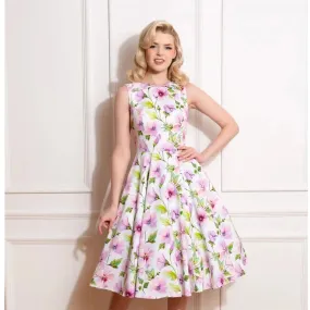 White & Spring Floral Print Audrey Style 50s Swing Dress