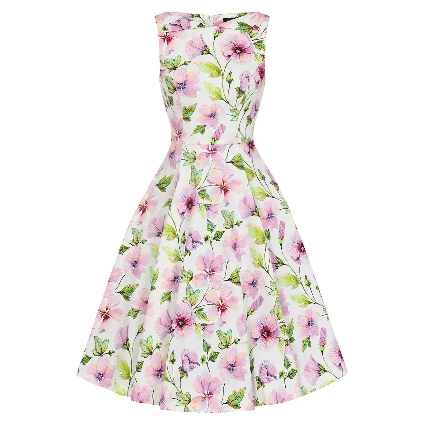 White & Spring Floral Print Audrey Style 50s Swing Dress