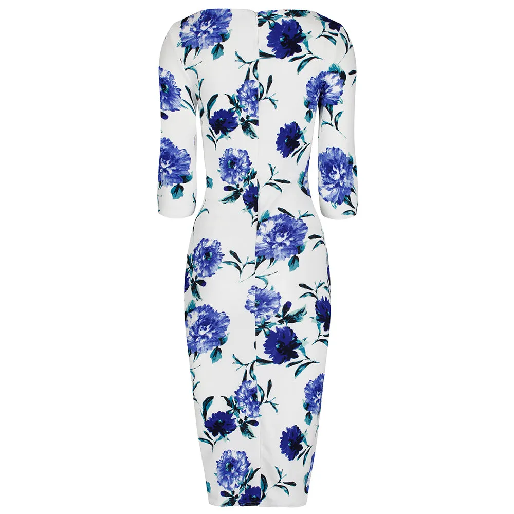 White and Blue Floral Print 3/4 Sleeve Bodycon Pencil Wiggle Dress