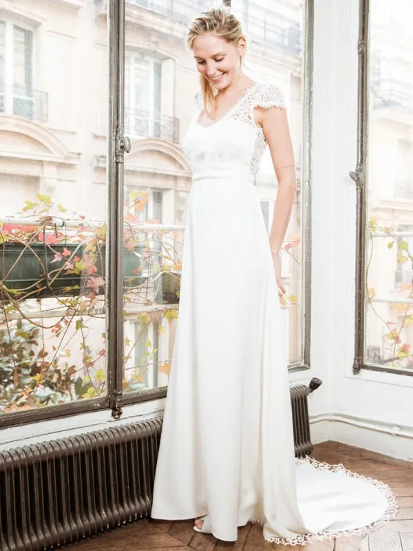 White Simple Wedding Dress A-Line Strapless Backless Short Sleeves Lace Satin Fabric Long Bridal Dresses