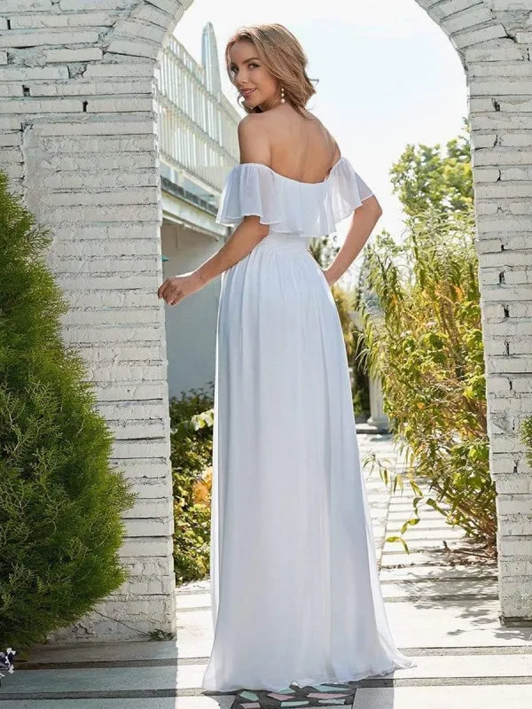 White Simple Wedding Dress Chiffon Bateau Neck Sleeveless Split Front A-Line Long Bridal Gowns