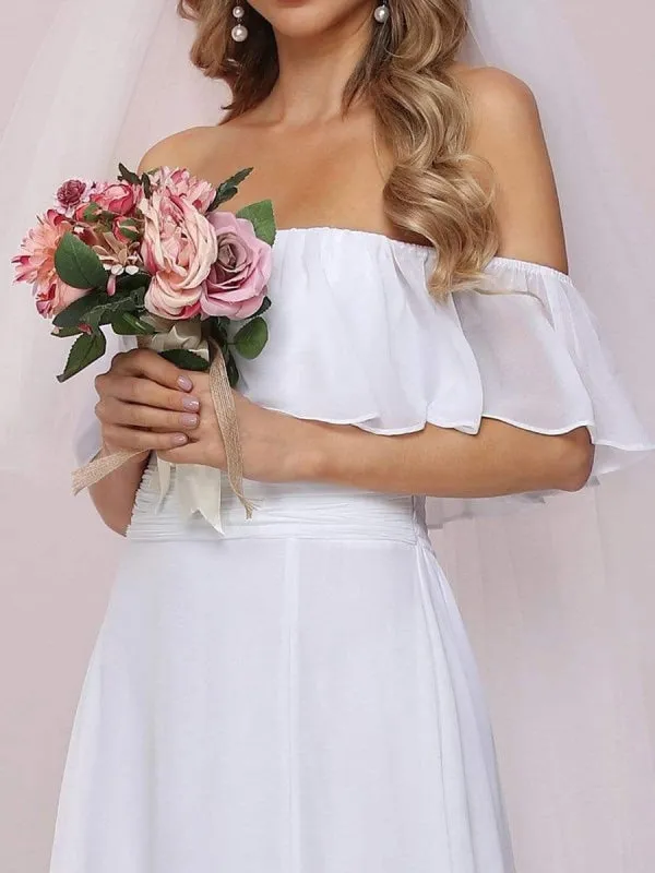 White Simple Wedding Dress Chiffon Bateau Neck Sleeveless Split Front A-Line Long Bridal Gowns