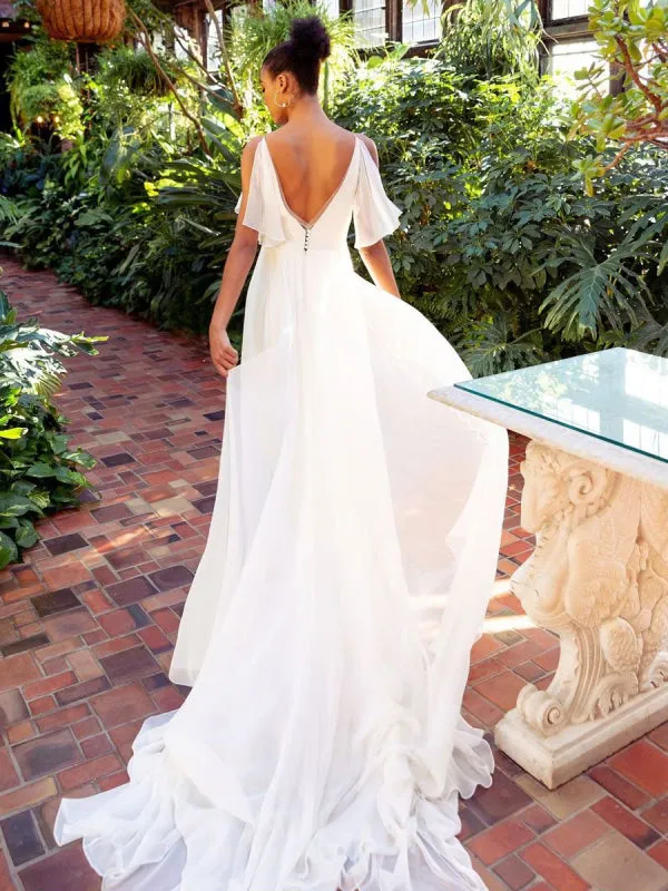 White Simple Wedding Dress Chiffon V-Neck Sleeveless A-Line Backless Natural Waist Long Bridal Dresses