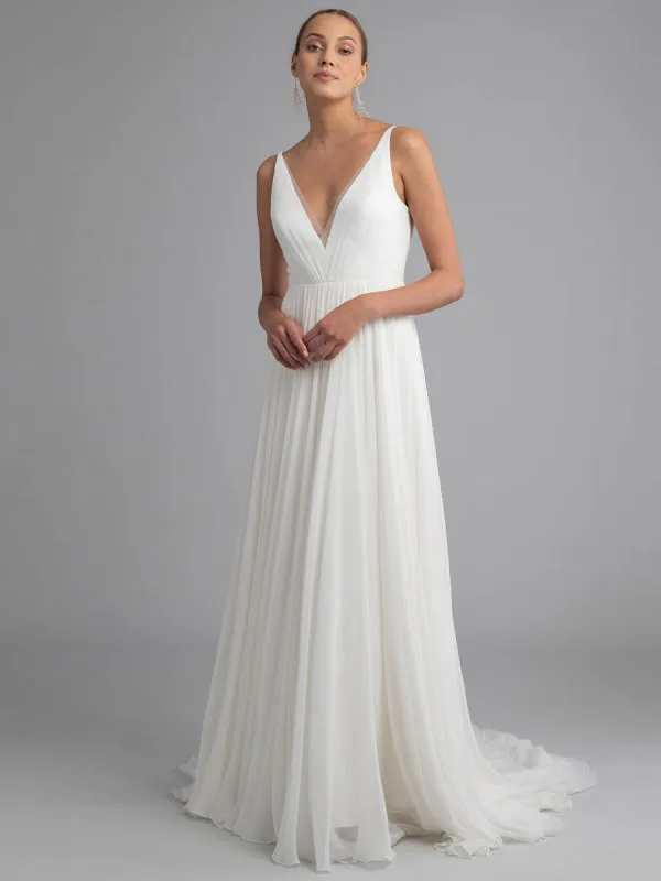 White Simple Wedding Dress Chiffon V-Neck Sleeveless A-Line Backless Natural Waist Long Bridal Dresses