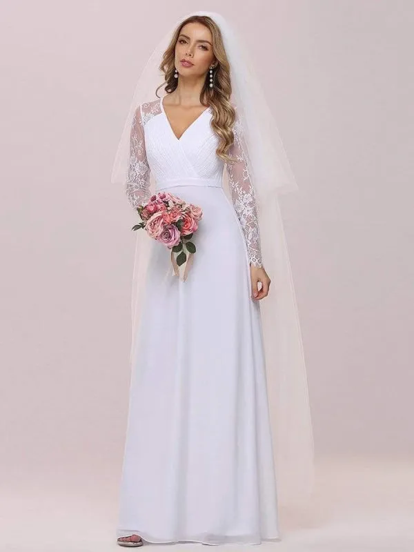 White Simple Wedding Dress Lace V-Neck Long Sleeves Lace Chiffon Pleated A-Line Long Bridal Gowns