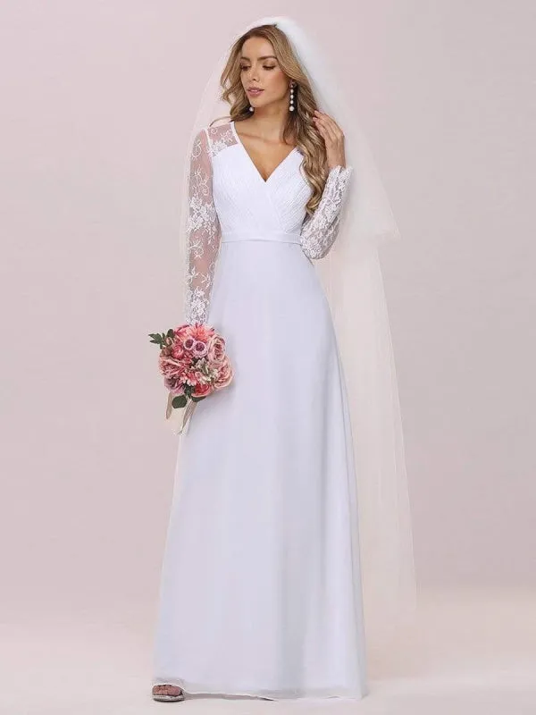 White Simple Wedding Dress Lace V-Neck Long Sleeves Lace Chiffon Pleated A-Line Long Bridal Gowns