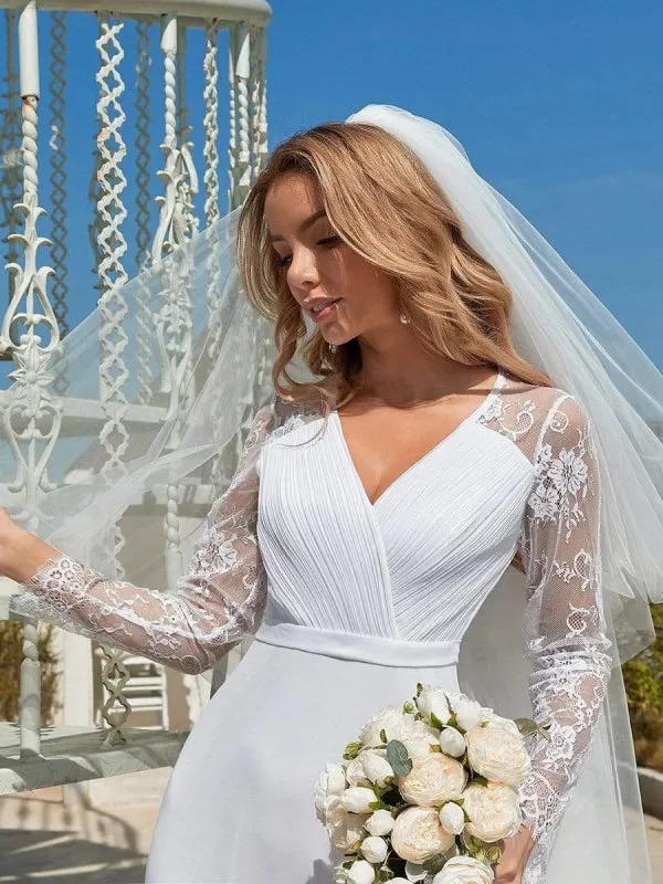 White Simple Wedding Dress Lace V-Neck Long Sleeves Lace Chiffon Pleated A-Line Long Bridal Gowns