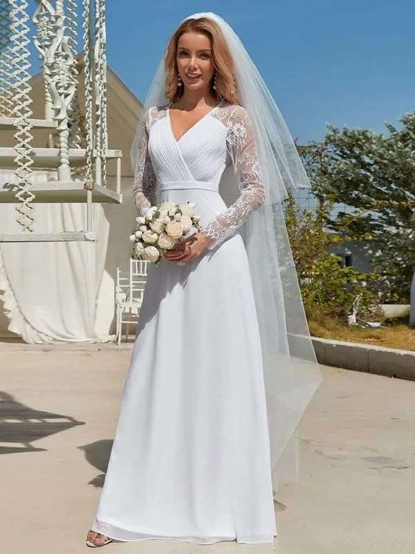 White Simple Wedding Dress Lace V-Neck Long Sleeves Lace Chiffon Pleated A-Line Long Bridal Gowns