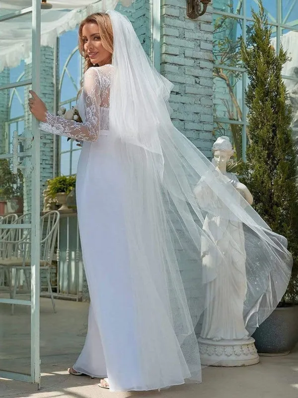 White Simple Wedding Dress Lace V-Neck Long Sleeves Lace Chiffon Pleated A-Line Long Bridal Gowns