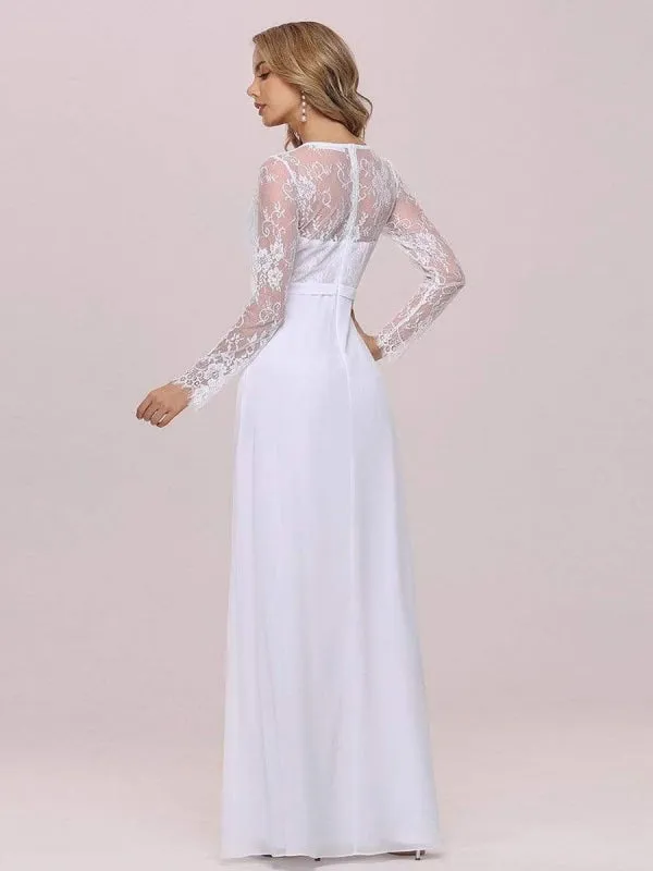 White Simple Wedding Dress Lace V-Neck Long Sleeves Lace Chiffon Pleated A-Line Long Bridal Gowns