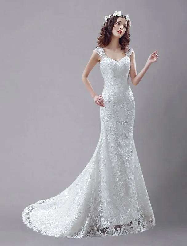 White Wedding Dress Queen Anne Mermaid Backless Lace Wedding Gown