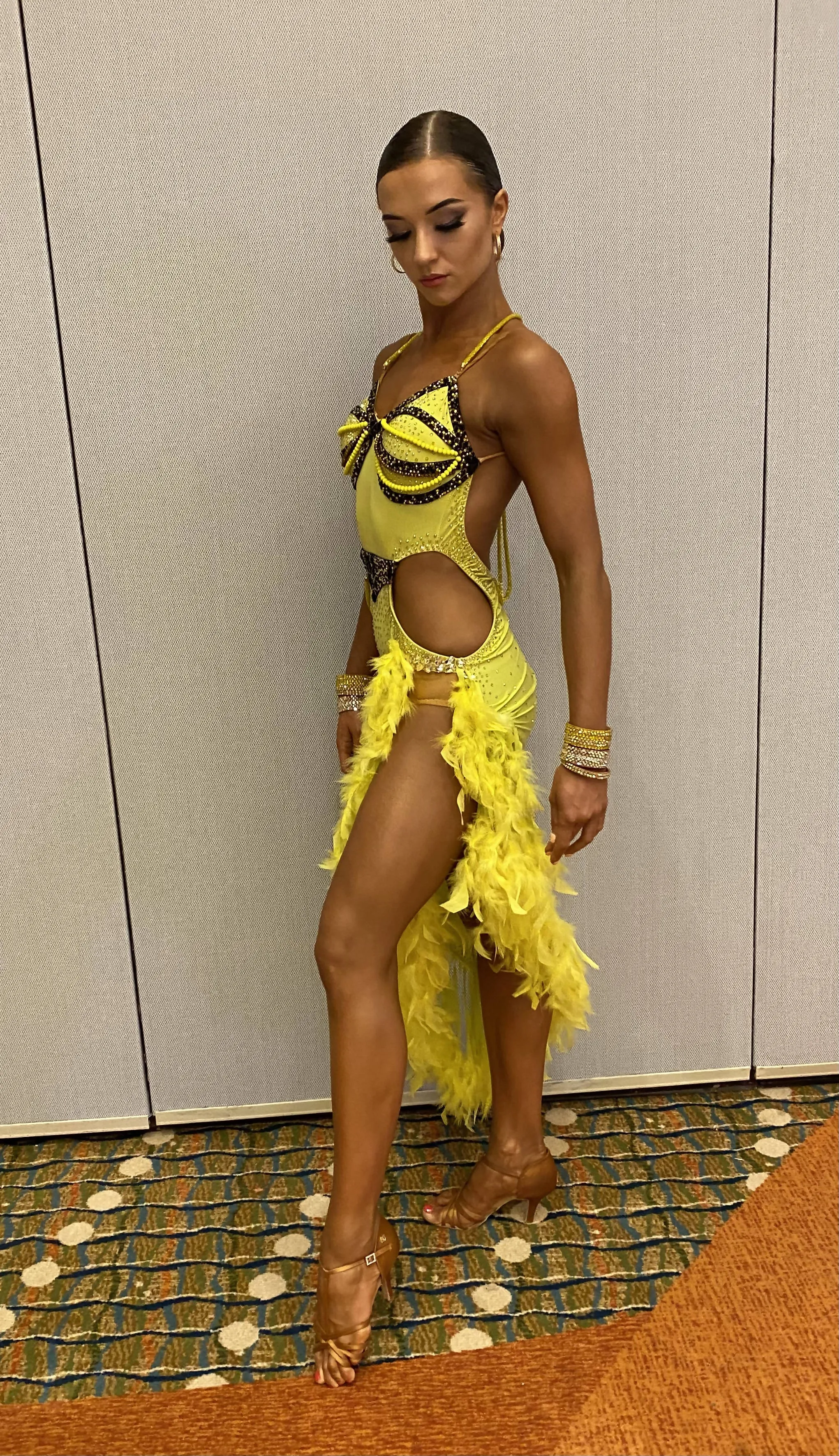 Yellow Latin Dress with Feathers