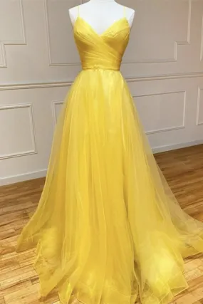 Yellow Spaghetti-Straps Prom Dress with String Back